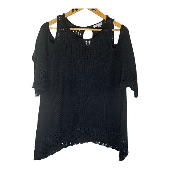 LC Women’s Cold Shoulder Crochet Sweater shark Bite Hem & Keyhole Back XL - Picture 2 of 8